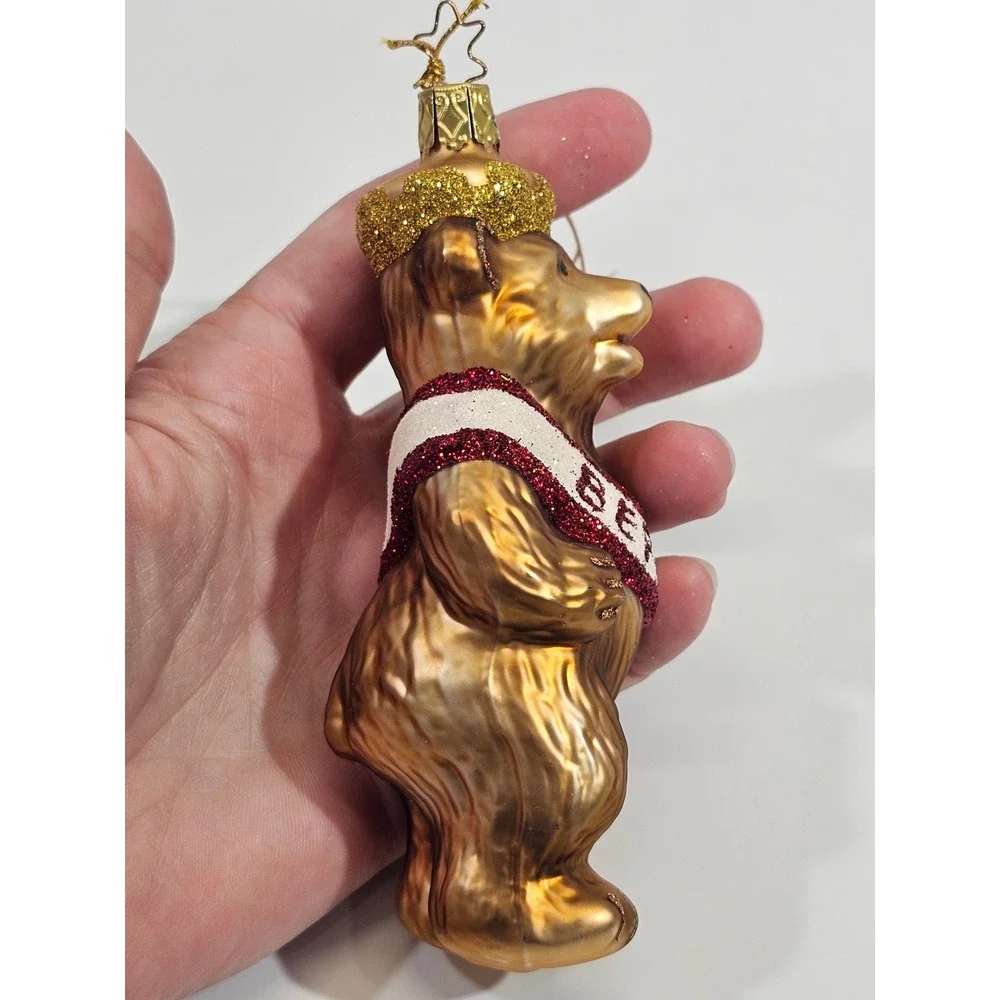 Inge-Glas Berlin Bear Glass Christmas Ornament Gold Glitter Sash Germany NEW